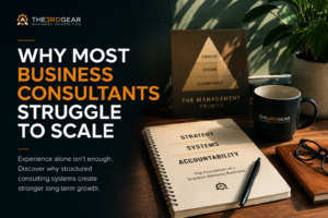 Business consulting strategy workspace featuring The3rdGear branding, management systems framework, and scalable consulting methodology concepts. Professional office desk scene with warm lighting, strategic planning notebook, coffee mug, and article headline “Why Most Business Consultants Struggle to Scale”.
