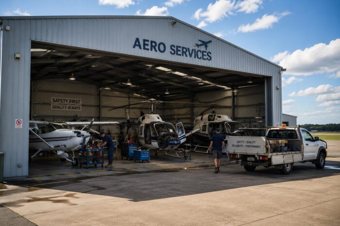 Aircraft maintenance engineers working inside a professional aviation hangar with light aircraft and helicopters, demonstrating operational excellence and structured maintenance systems.