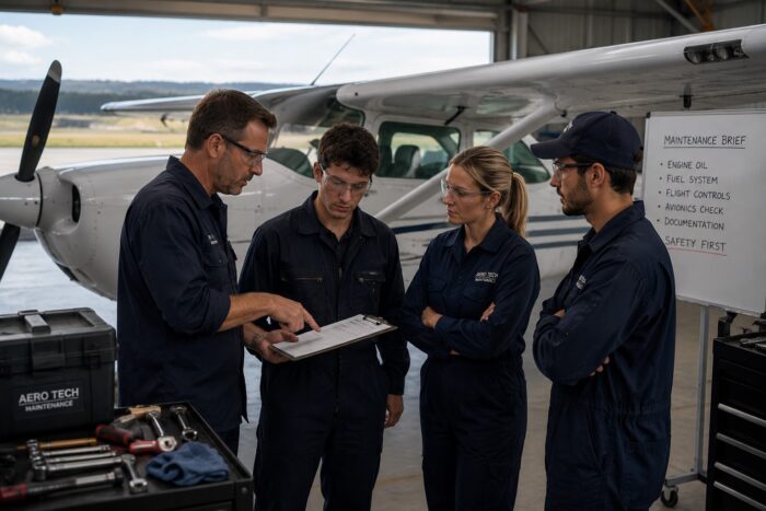 Aviation business consulting with aircraft maintenance team Aircraft maintenance engineers conducting a pre-maintenance briefing beside a light training aircraft inside an aviation maintenance hangar.