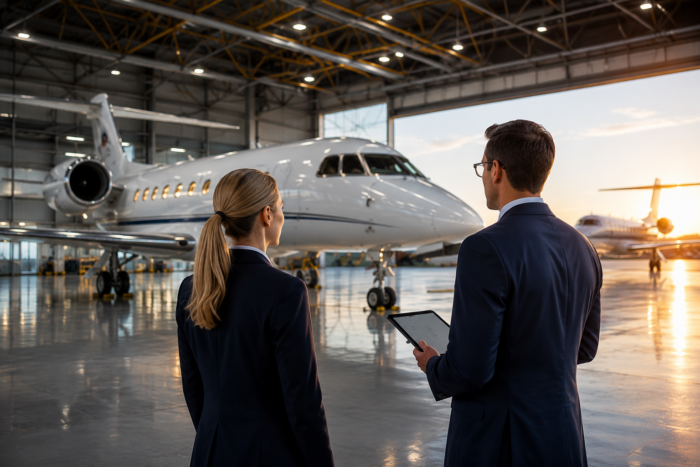 Business leaders reviewing operational performance inside an aircraft hangar as part of aviation business consulting and performance improvement.