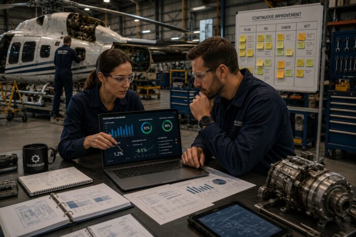 Aircraft maintenance engineers analysing operational performance data and continuous improvement initiatives inside a helicopter maintenance hangar.