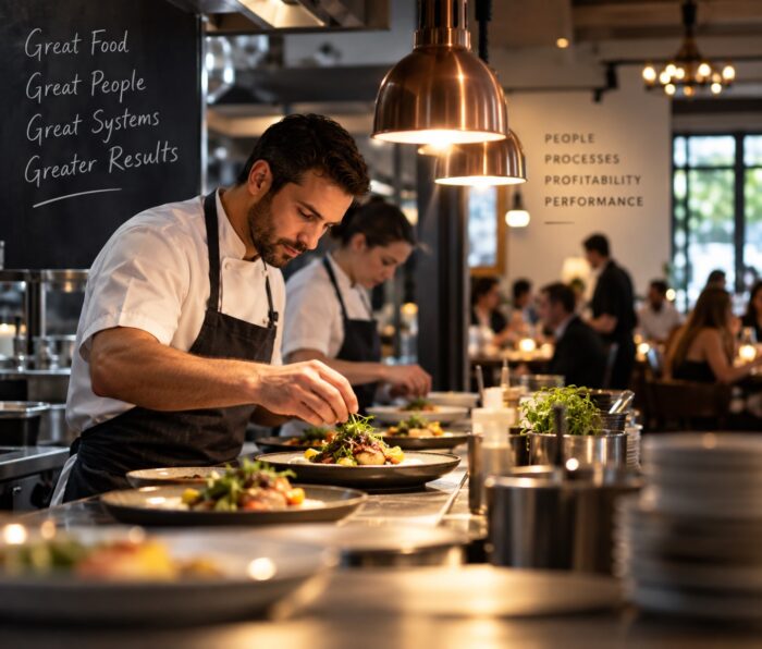 Hospitality business operations showing kitchen, staff and customer service systems